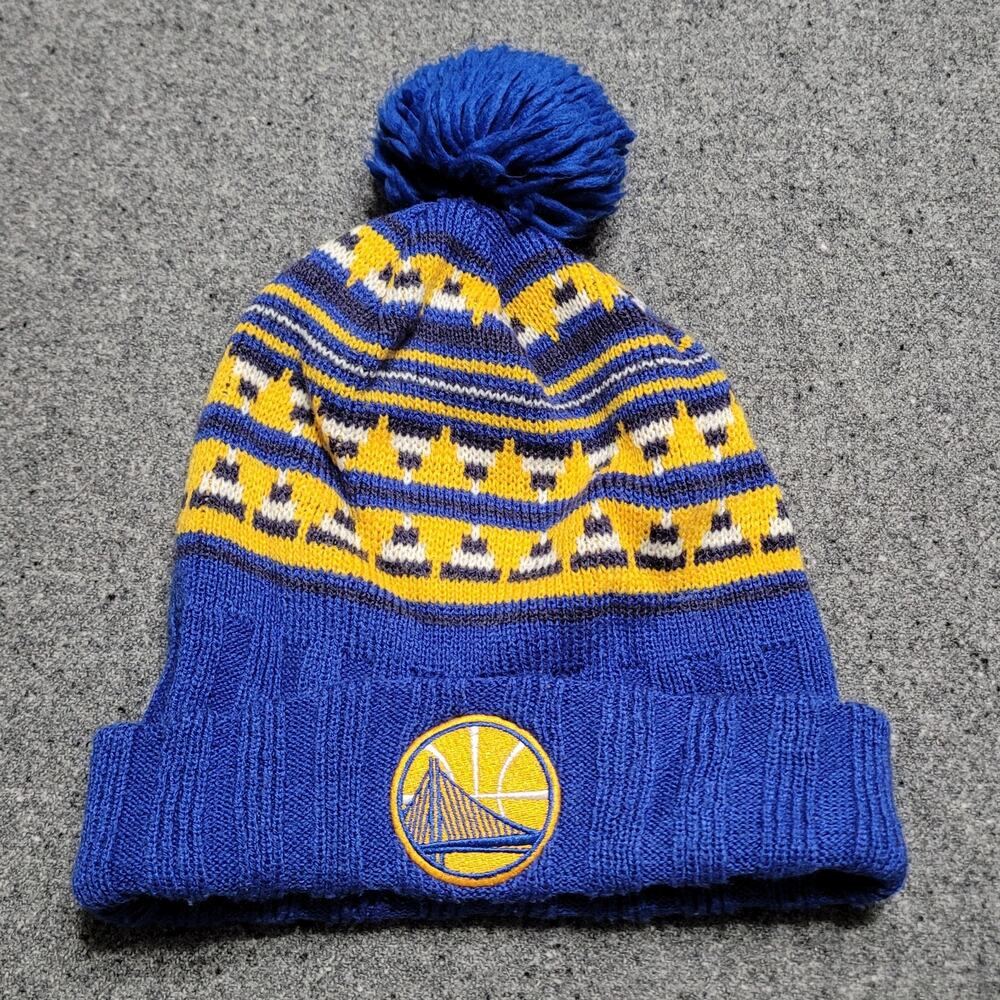 Golden State Warriors Pom Beanie Hat Knit Cap Mens Blue Gold Mitchell Ness Adult